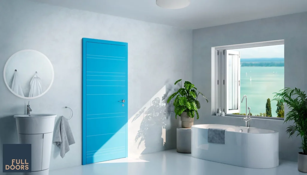 Full Doors kék ajtó fürdőszobai enteriőrben